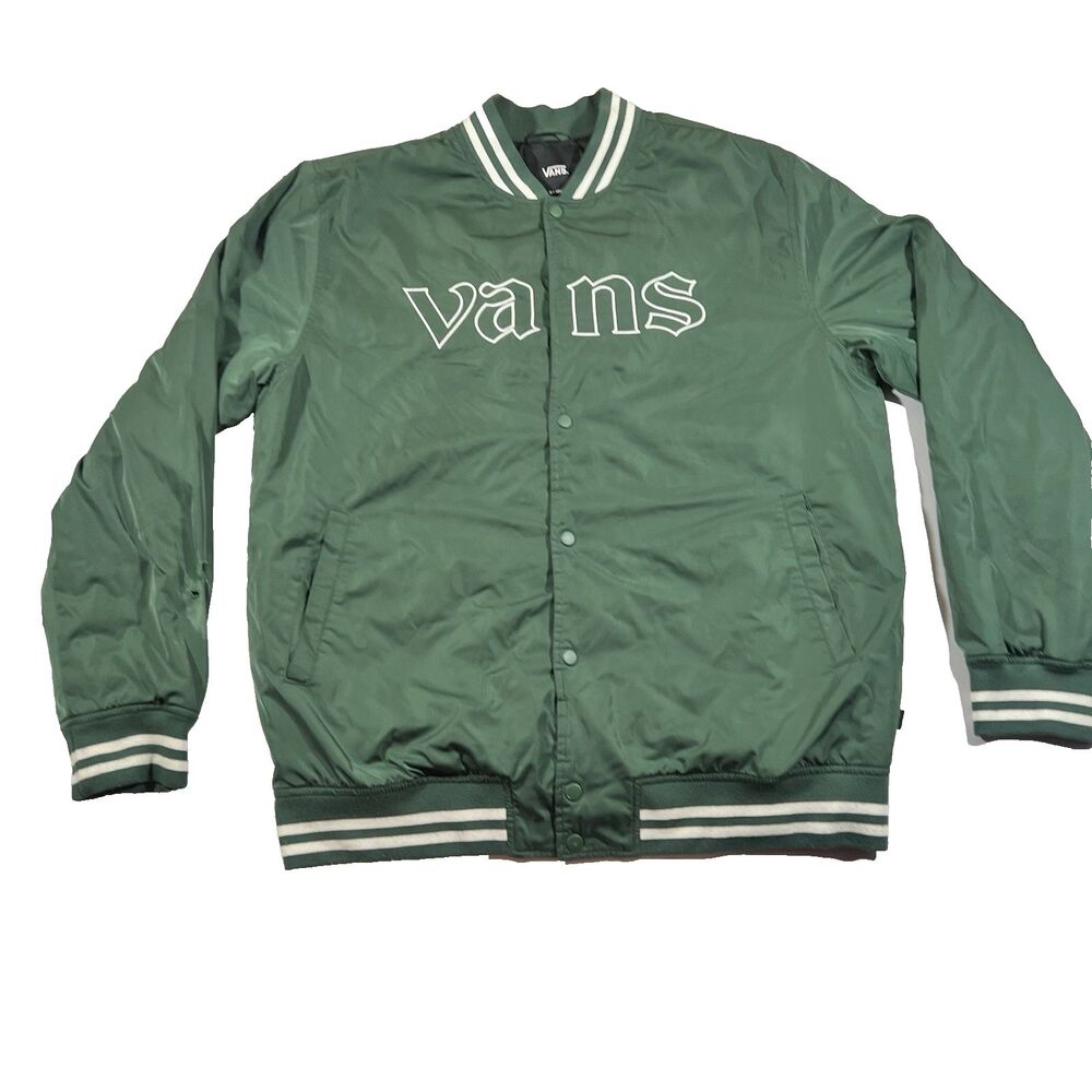 Vans Green Varsity Bomber Jacket Quilted Lined Spellout Men's XL - READ